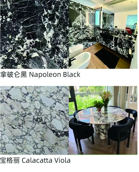 black stone slab, with bold veining and a reflective finish, in a furnished room