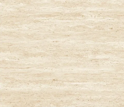 cream-beige stone slab, with a single full slab and linear travertine grain, in a close surface view