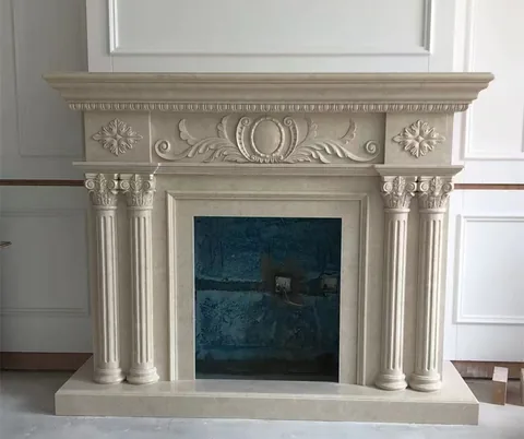 White Volakas marble fireplace surround, with a plain surface and a soft satin finish, against a pale background