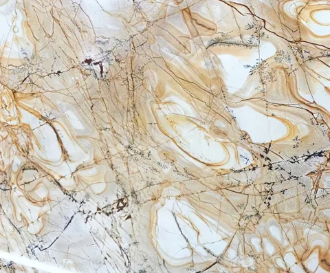 cream-beige stone slab, with a single full slab and bold veining, in a close surface view