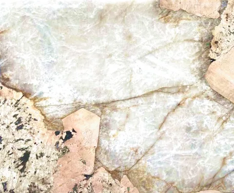 white stone slab, with angular breccia fragments, in a close surface view