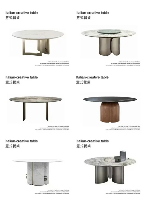 white stone dining table, with a round top and fine veining, on a plain backdrop