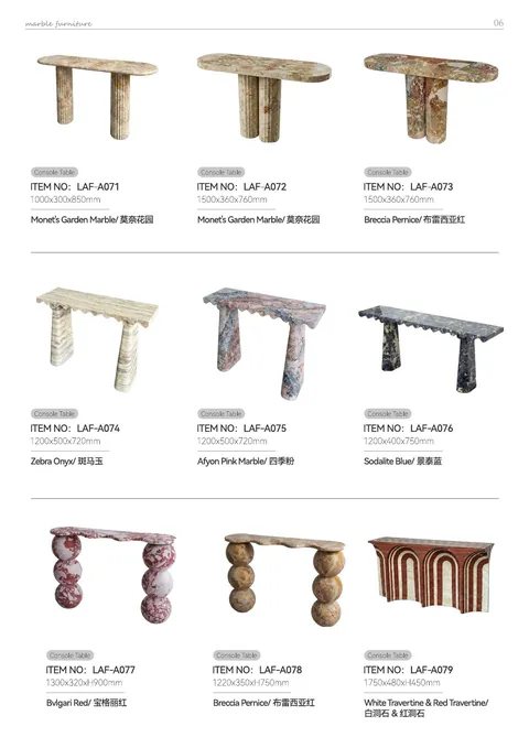 white stone console table, with twin supporting bases and angular breccia fragments, on a plain backdrop