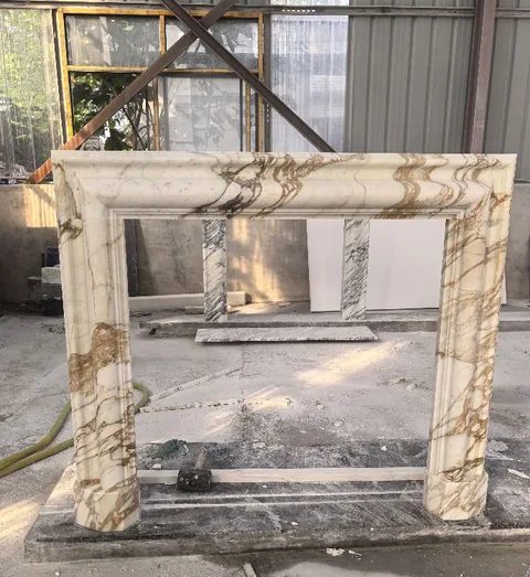 White Volakas marble fireplace surround, shown from a frontal view with broad sweeping markings