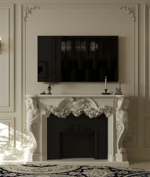 White Volakas marble fireplace surround, with carved scrollwork and a plain surface, in a furnished room
