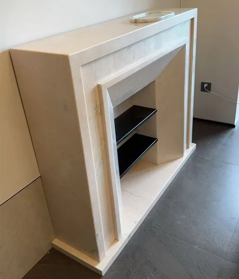 White Volakas marble fireplace surround, with fine veining and subtle pattern contrast
