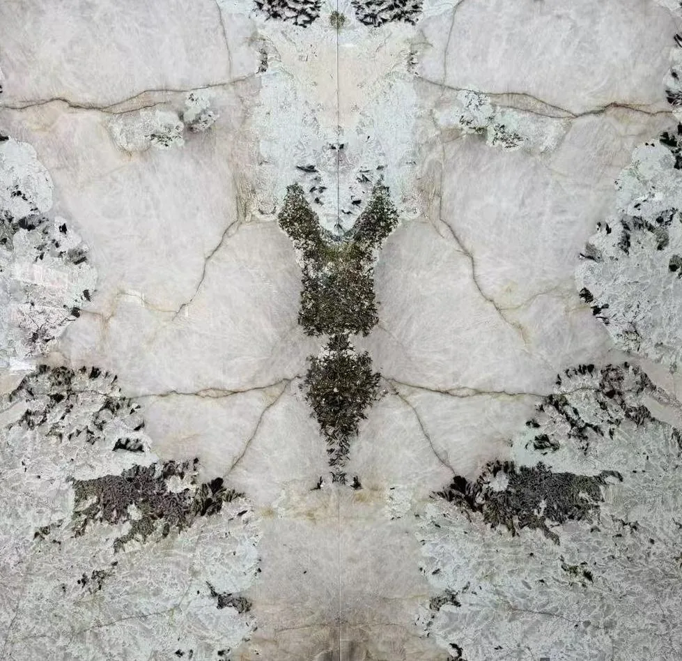 white stone slab, with a bookmatched slab pair and cloudy mottling, in a close surface view