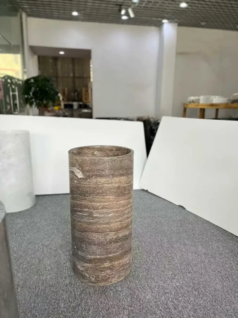 Brown travertine decor with linear veining