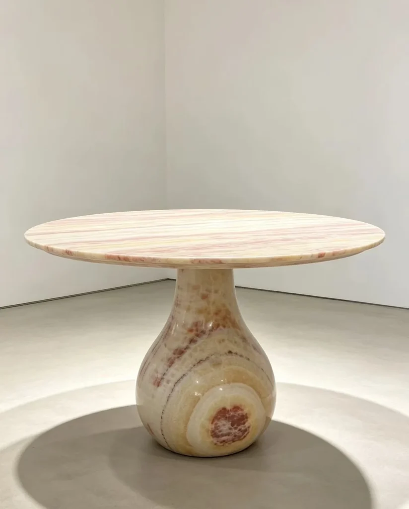 cream-beige stone coffee table, with banded onyx-like striping and a reflective finish, against a pale background