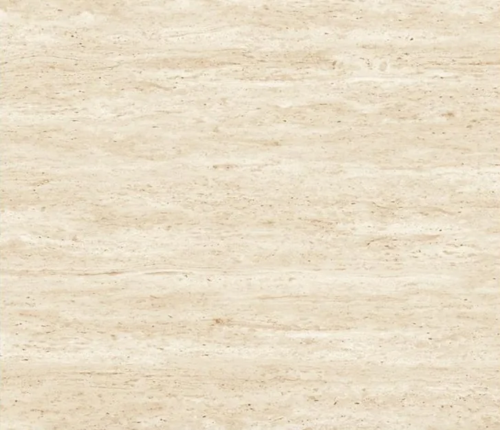 cream-beige stone slab, with a single full slab and linear travertine grain, in a close surface view