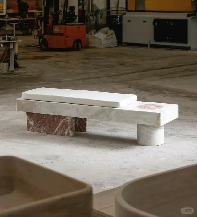 Cream beige natural stone bench with cream beige stone surface