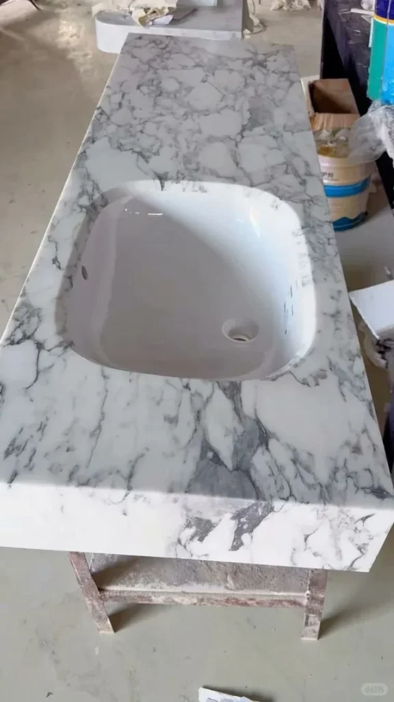 Cream beige natural stone vanity with cream beige stone surface