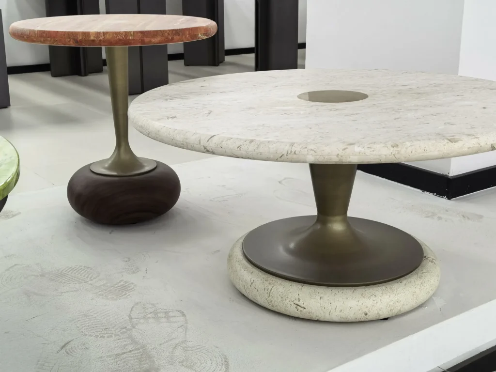 Red travertine coffee table with linear veining