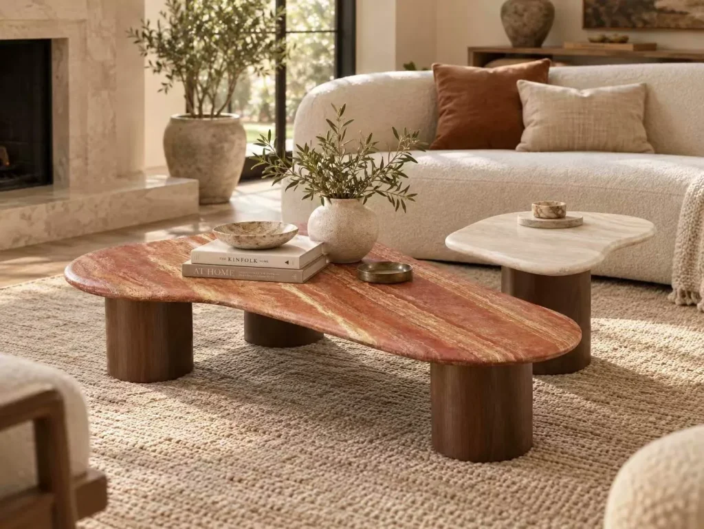 Red travertine coffee table with linear veining