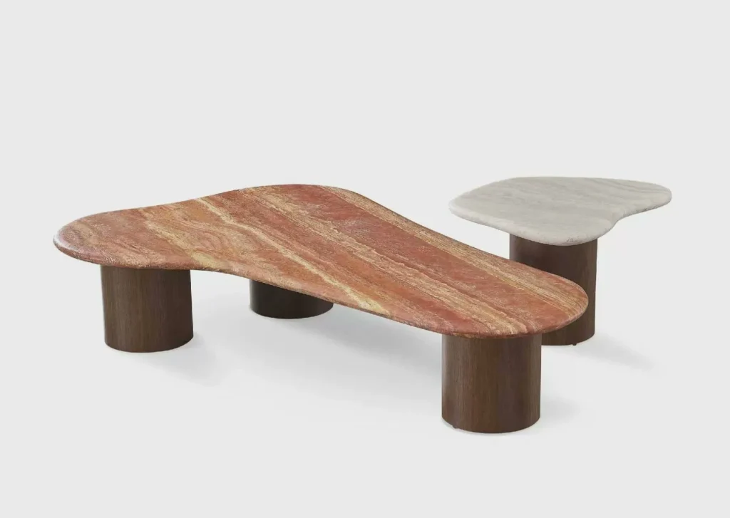 Red travertine coffee table with linear veining