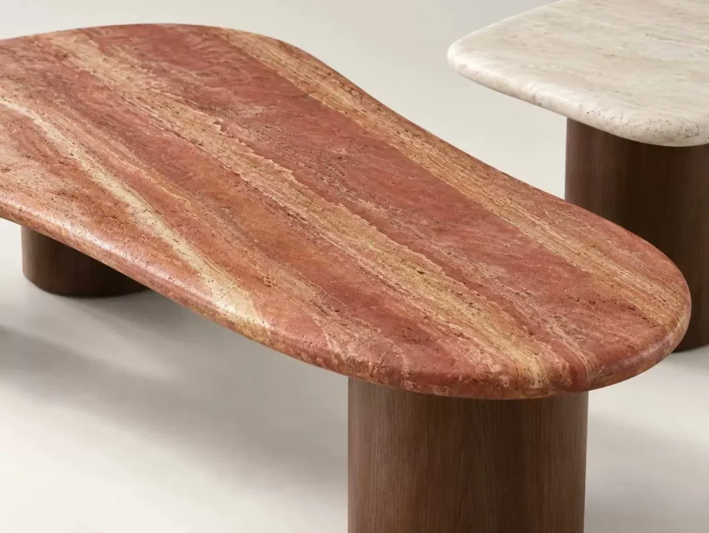 Red travertine coffee table with linear veining