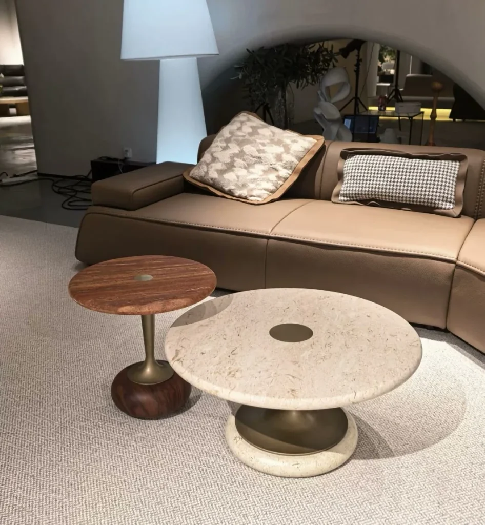 Red travertine coffee table with linear veining