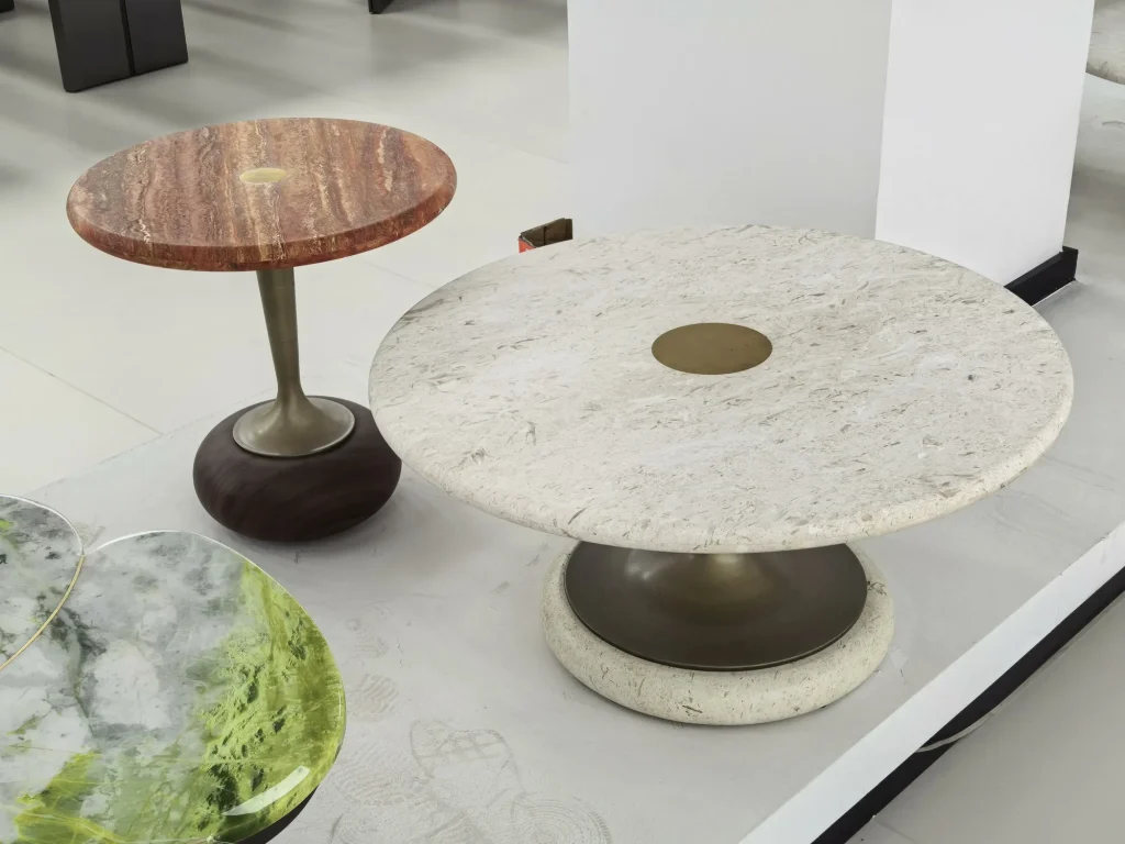 Red travertine coffee table with linear veining