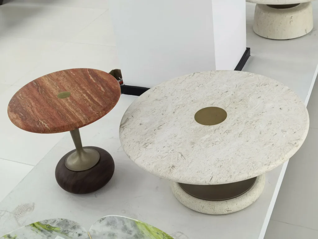 Red travertine coffee table with linear veining