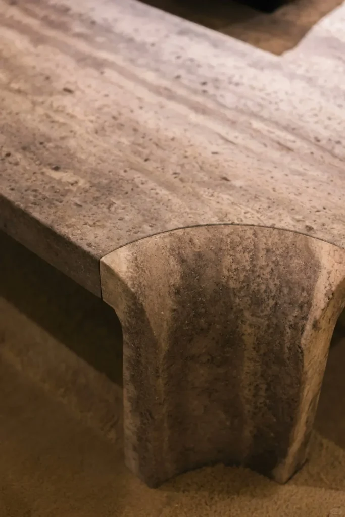 Cream beige travertine coffee table with linear veining