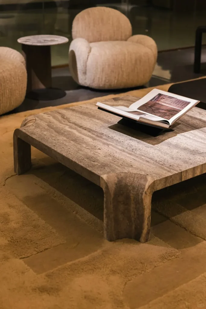 White travertine coffee table with linear veining