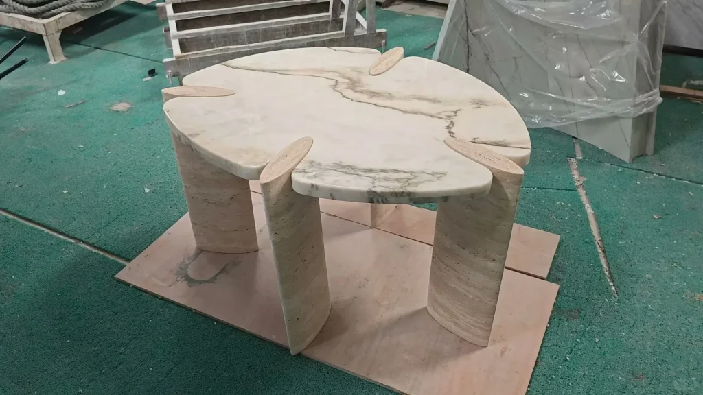 White travertine coffee table with linear veining
