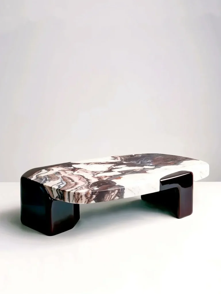 Cream beige travertine side table with linear veining