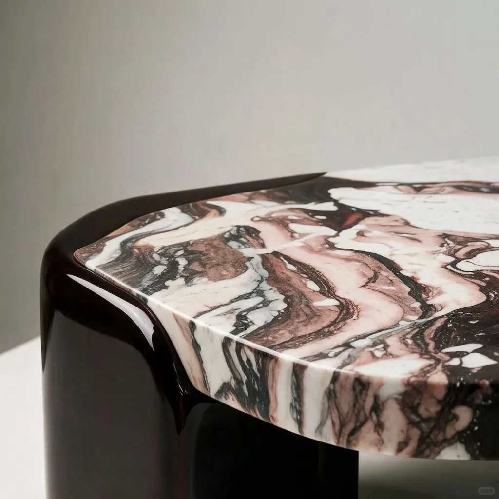 Cream beige travertine side table with linear veining