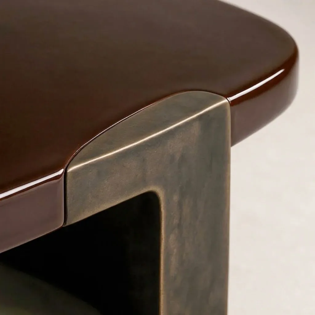 Cream beige travertine side table with linear veining