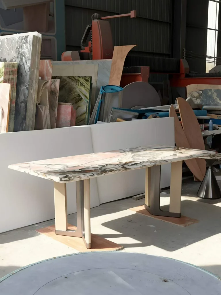 white stone dining table, with twin supporting bases and bold veining, in a workshop