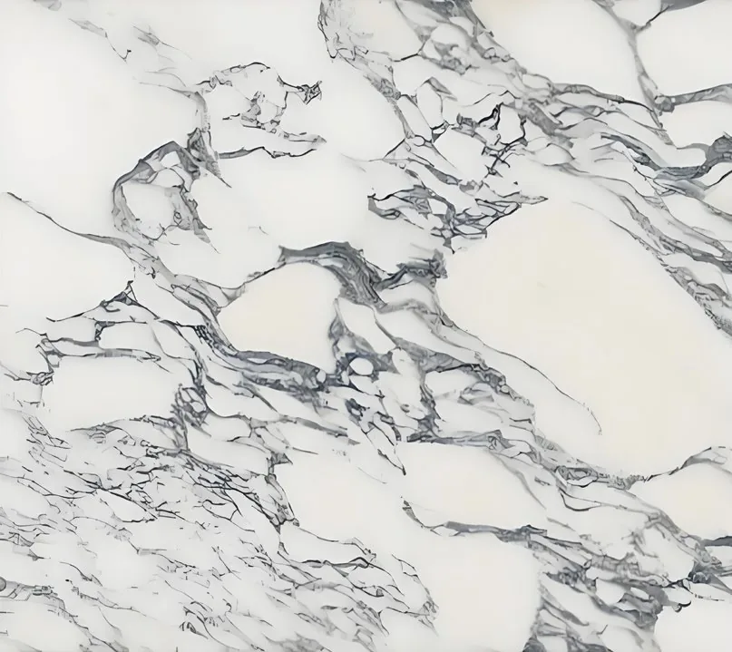 white stone slab, with a single full slab and bold veining, in a close surface view