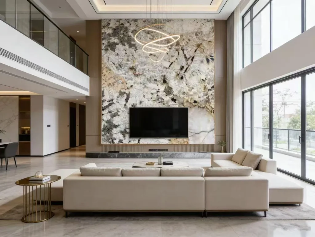 white stone wall feature, with large veined wall panels and cloudy mottling, in a furnished room
