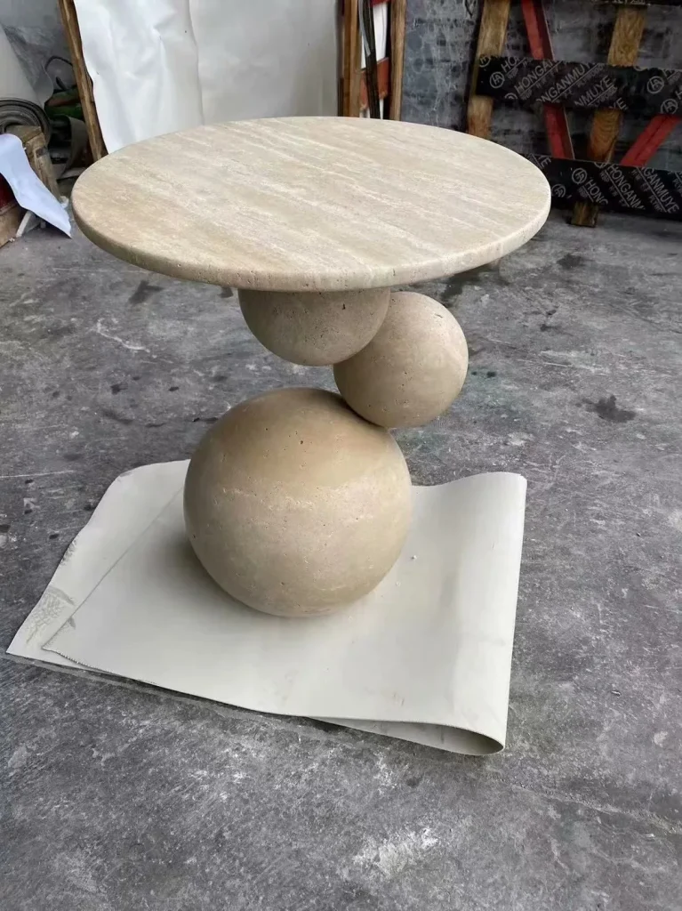 Yellow travertine coffee table with linear veining