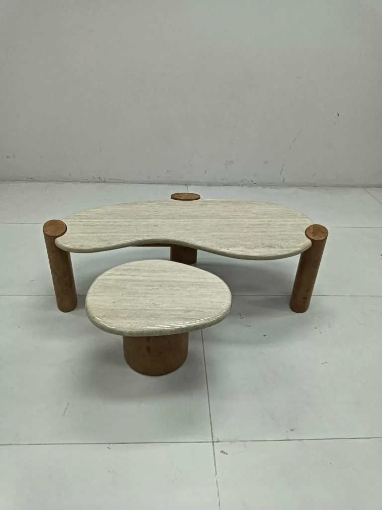Yellow travertine coffee table with linear veining