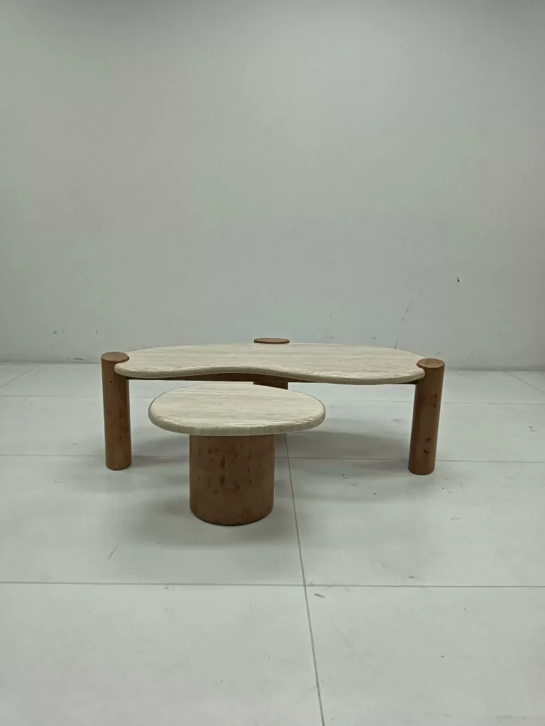 Yellow travertine coffee table with linear veining
