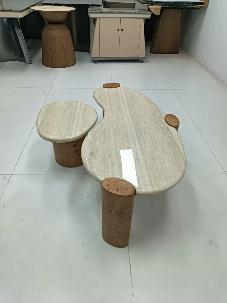 Yellow travertine coffee table with linear veining