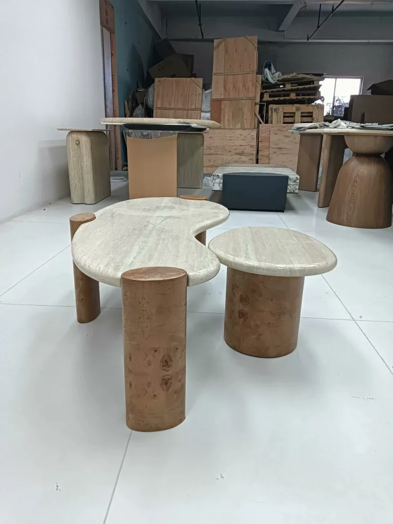 Yellow travertine coffee table with linear veining