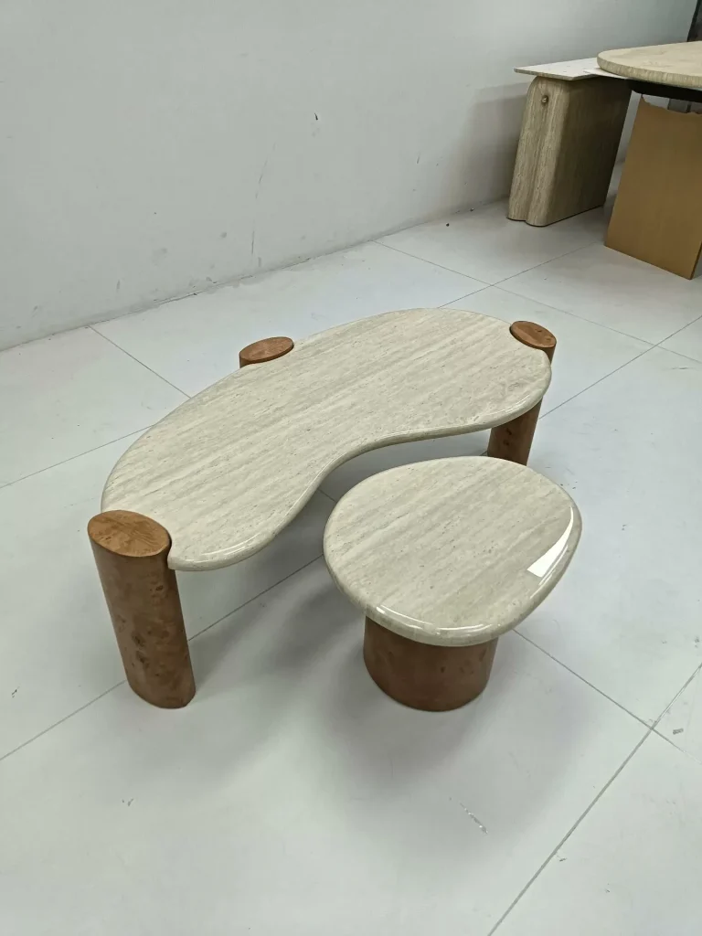 Yellow travertine coffee table with linear veining
