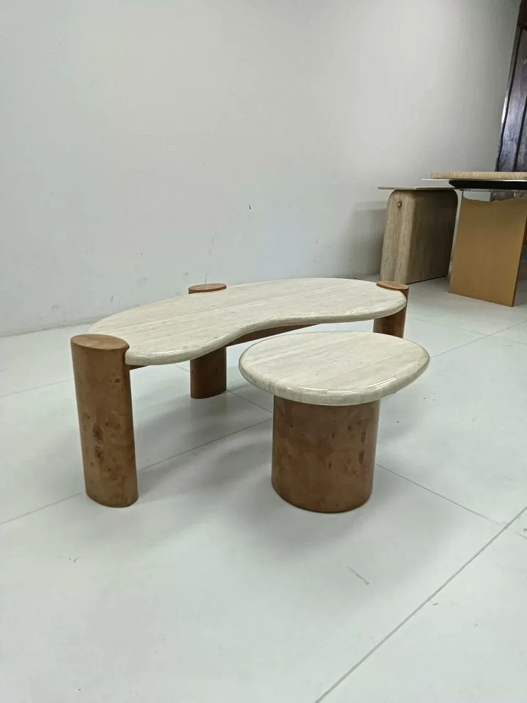 Yellow travertine coffee table with linear veining