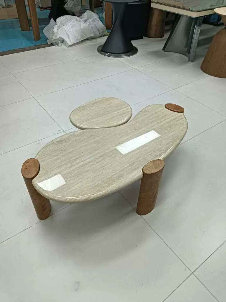 Yellow travertine coffee table with linear veining