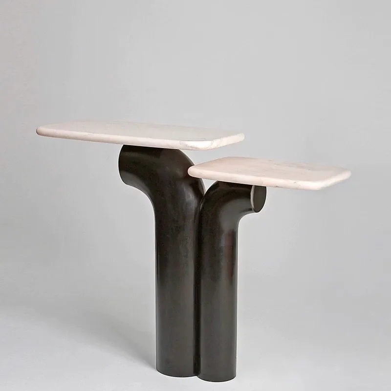 Yellow travertine console table with linear veining