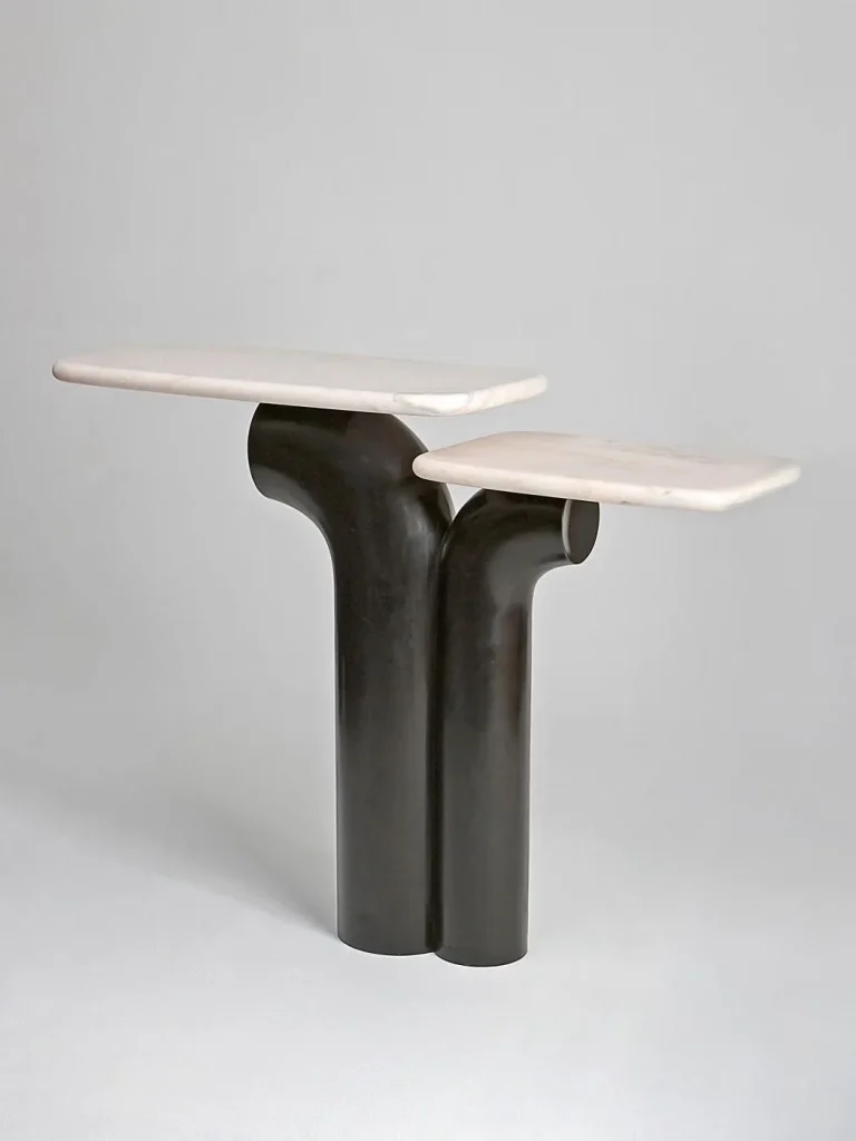 Yellow travertine console table with linear veining