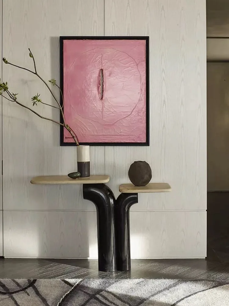 Yellow travertine console table with linear veining
